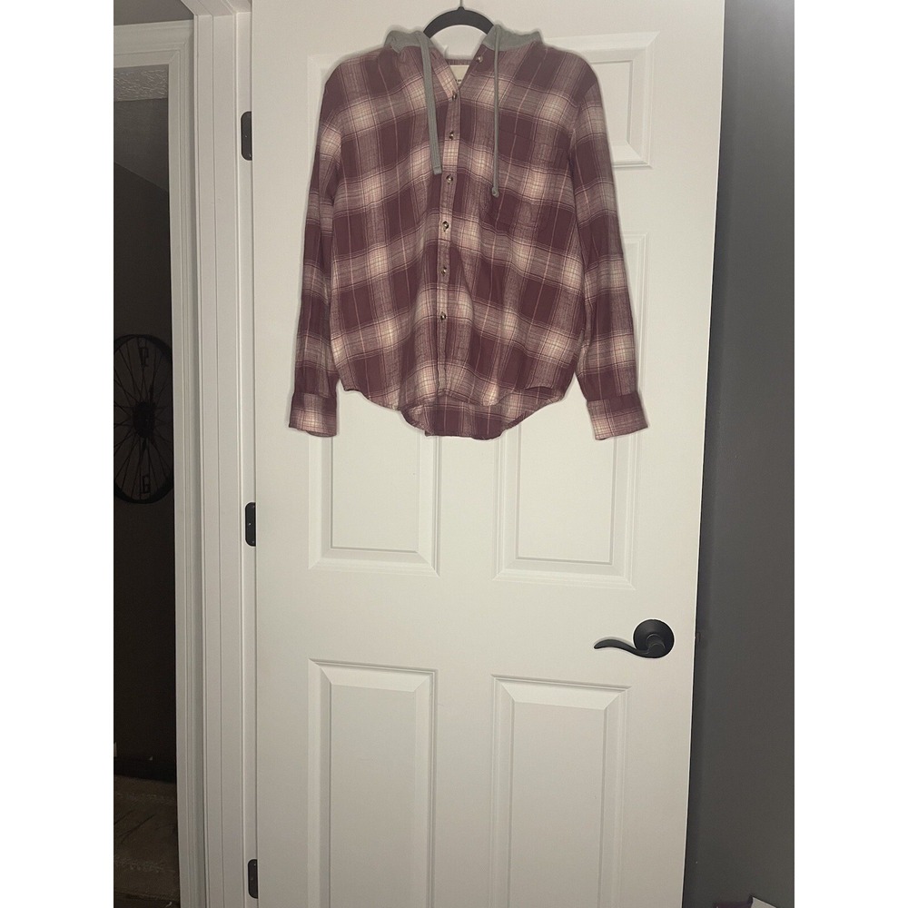 Lucky Brand Button Up Hooded Plaid Flannel Small Pink White Plum Stripe Gray